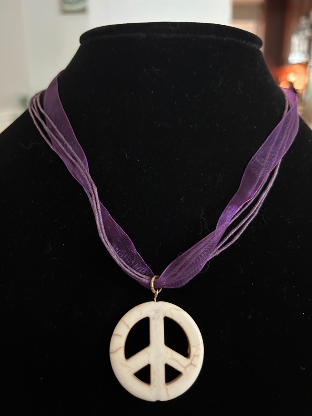 Purple Ribbon Necklace with Cream Peace Sign Pendant